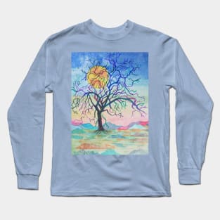 Rainbow tree landscape painting with a golden moon Long Sleeve T-Shirt